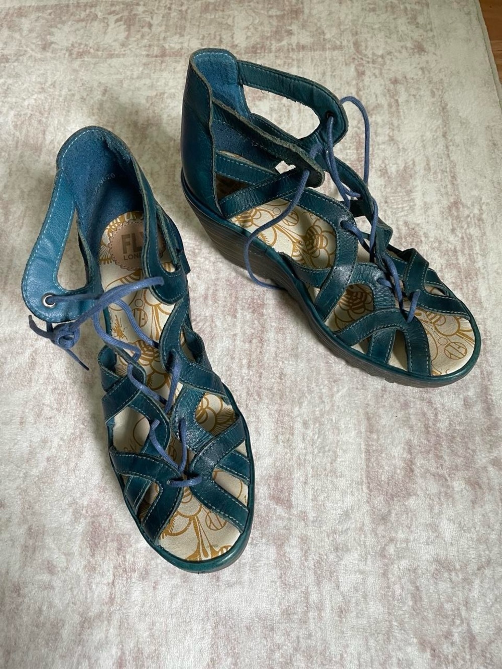 Fly London Teal Lace-Up Wedge Sandals size 8
